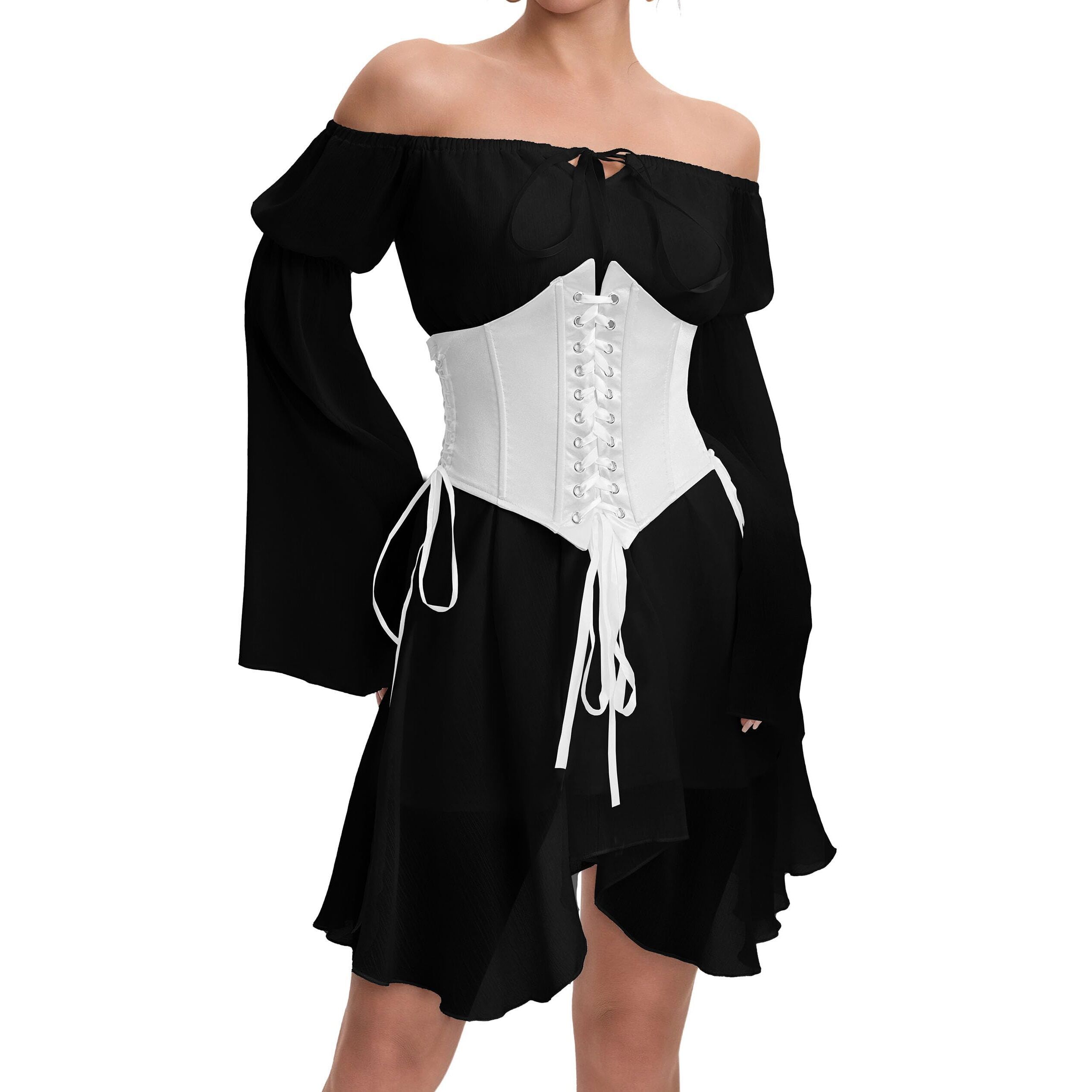 5878 Black Corset Dress Off Shoulder Bell Sleeve Color Block Travel Party